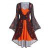 Halloween Pumpkin Bat Cat Moon Print Bell Sleeve See Thru Asymmetric Dress And Bold Color Cami Dress Two Piece Set - BLACK XXXL