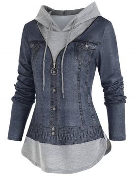 Faux Twinset Hooded T Shirt Denim Jacket 3D Print Twofer T-shirt O Ring Zip Long Sleeve 2-in-1 Tee