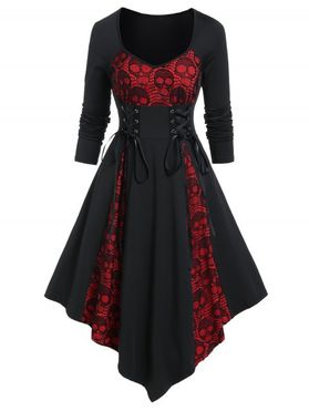 Gothic Dress Colorblock Skull Lace Godet Dress Lace Up Pointed Hem Midi Dress
