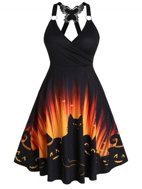 Mini Robe D'Halloween Plongeante à Imprimé Chat et Citrouille à Bretelle