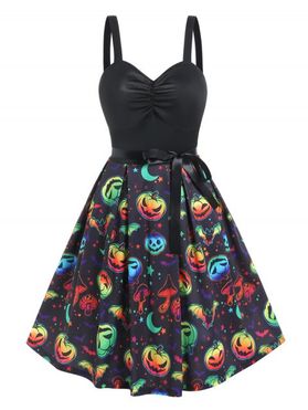 Halloween Dress Colored Mushroom Pumpkin Print Belted Ruched A Line Mini Gothic Dress