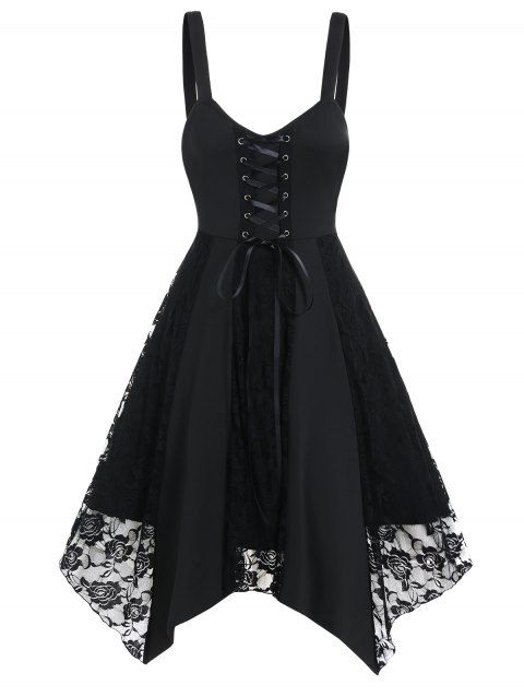 Gothic Dress Rose Lace Panel Lace Up High Waisted Dress Handkerchief Hem Midi Dress