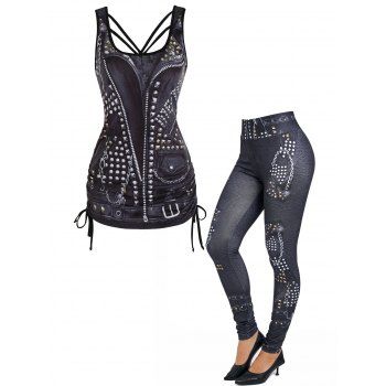 

Rivet 3D Print Cut Out Cinched Long Tank Top And High Waisted Long Pants Casual Outfit, Black