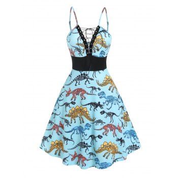 

Dinosaur Skeleton Allover Print A Line Dress Lace Up Backless Spaghetti Strap Dress, Light blue