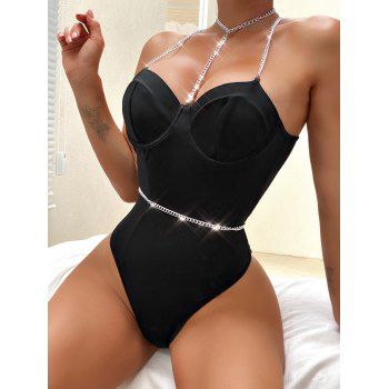 

Underwire One-piece Lingerie Bodysuit Adjustable Metal Chains Backless Lingerie Set, Black