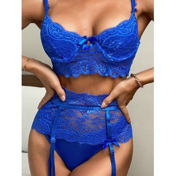 

Sheer Flower Lace Lingerie Set Underwire Top Thong Panty And Garter Belt Lingerie Set, Blue