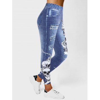 

Flower Skull Ripped Denim 3D Print Jeggings High Waist Skinny Casual Leggings, Deep blue