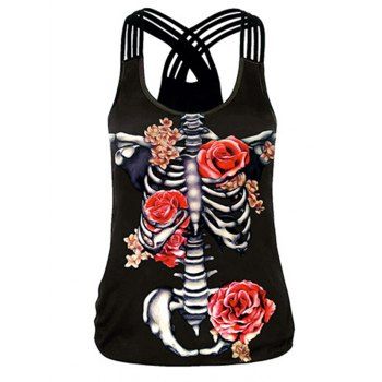 

Skeleton Flower Print Halloween Tank Top Lattice Straps Casual Tank Top, Black