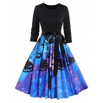 

Pumpkin Ghost Star Galaxy Print Halloween Dress Long Sleeve Belted Flare Combo Dress, Black