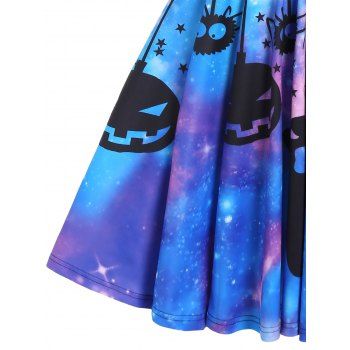 Pumpkin Ghost Star Galaxy Print Halloween Dress Long Sleeve Belted Flare Combo Dress