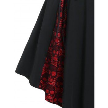 Gothic Dress Colorblock Skull Lace Godet Dress Lace Up Pointed Hem Midi Dress