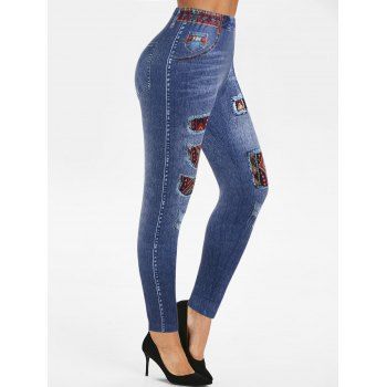 

Tribal Pattern Patches Faux Denim 3D Print Jeggings High Waist Skinny Leggings, Deep blue