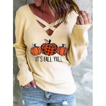 

Halloween T Shirt Graphic Pumpkin Print Crisscross Textured Long Sleeve Tee, Light coffee