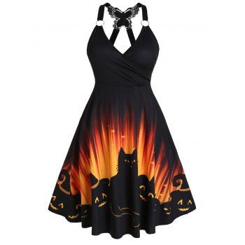 

Plus Size Halloween Pumpkin Bat Black Cat Print Mini Dress Surplice Plunge Butterfly Lace O Ring Straps A Line Dress, Light orange