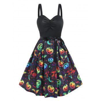 

Halloween Dress Colored Mushroom Pumpkin Print Belted Ruched A Line Mini Gothic Dress, Black