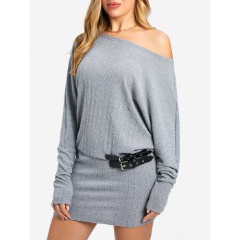 

Textured Knit Dress Skew Neck Low Rise Dress Buckle Long Sleeve Mini Dress, Light gray