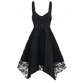 

Gothic Dress Rose Lace Panel Lace Up High Waisted Dress Handkerchief Hem Midi Dress, Black