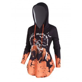 

Happy Halloween Skeleton Riding Horse Bat Print Graphic Hoodie Curved Hem Drawstring Hoodie, Light orange