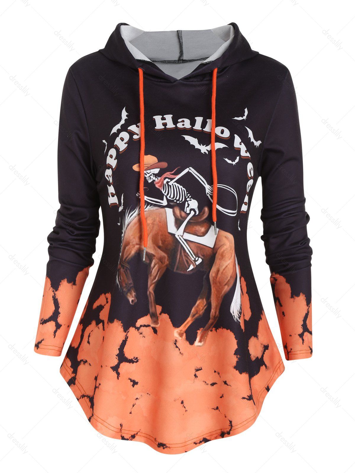 Happy Halloween Skeleton Riding Horse Bat Print Graphic Hoodie Curved Hem Drawstring Hoodie - LIGHT ORANGE XXL