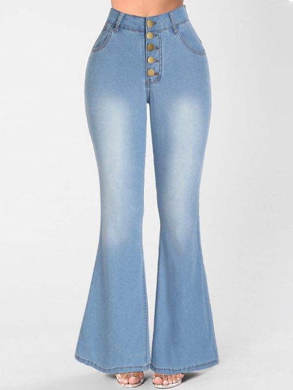 Button Fly Jeans Flare Jeans Light Wash Pockets Long Casual Denim Pants - LIGHT BLUE 3XL