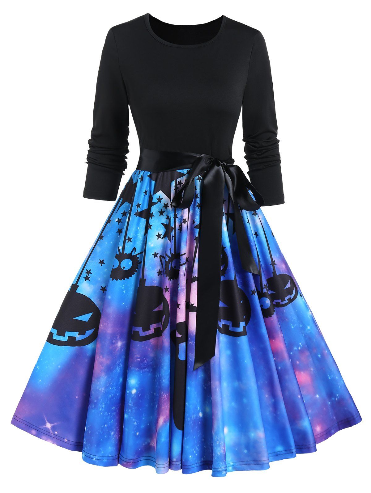 Pumpkin Ghost Star Galaxy Print Halloween Dress Long Sleeve Belted Flare Combo Dress - BLACK XXXL
