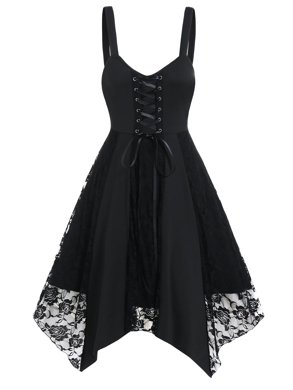 Gothic Dress Rose Lace Panel Lace Up High Waisted Dress Handkerchief Hem Midi Dress - BLACK L