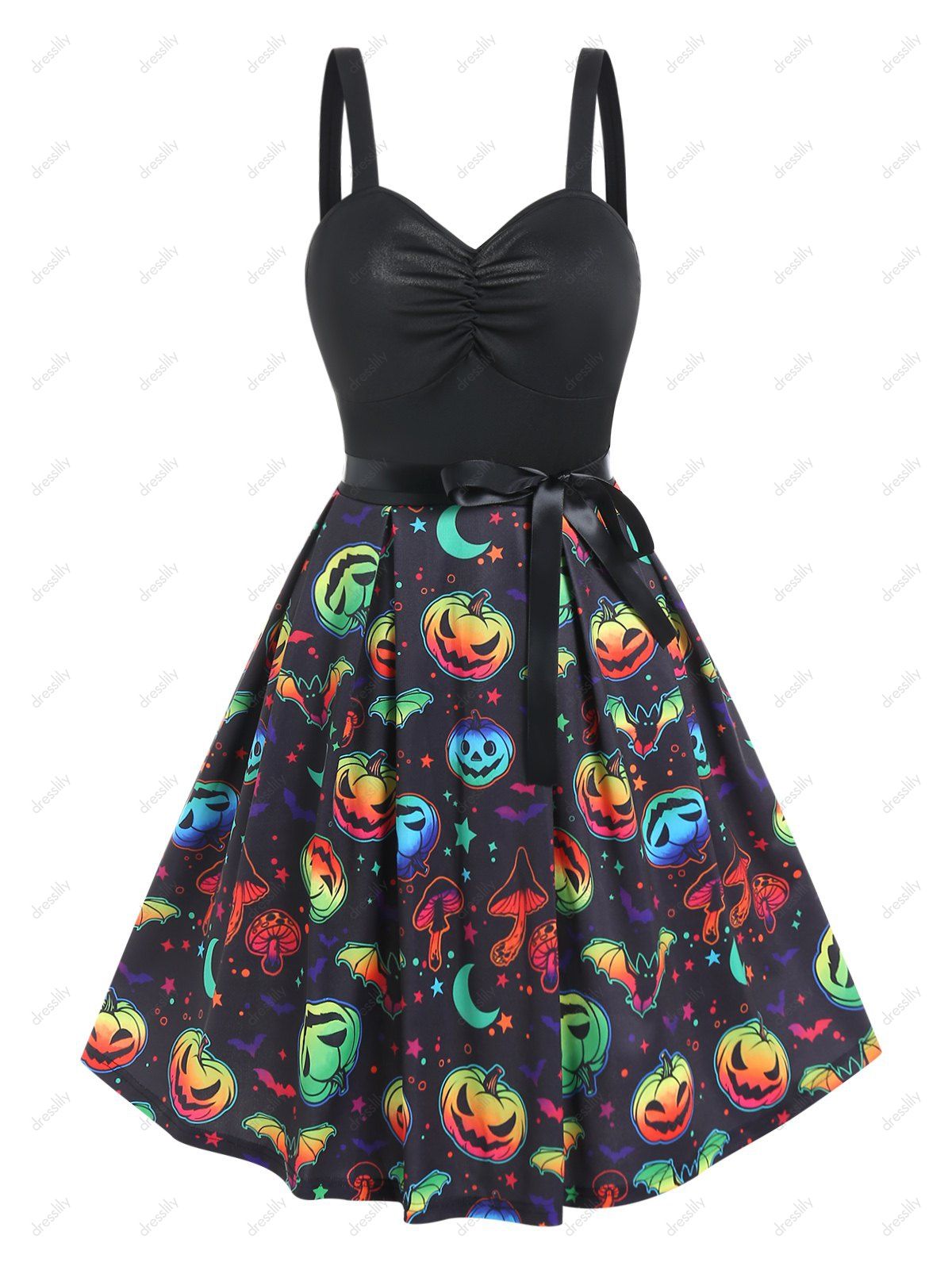 Halloween Dress Colored Mushroom Pumpkin Print Belted Ruched A Line Mini Gothic Dress - BLACK XXXL