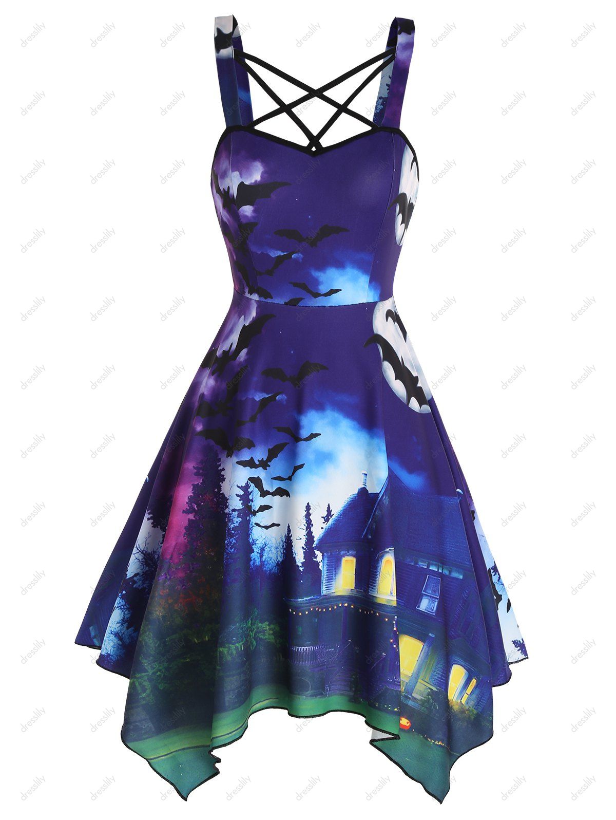 Halloween Bat Moon Night Landscape Print Dress Crisscross Backless Asymmetric Dress - multicolor S