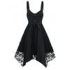 Gothic Dress Rose Lace Panel Lace Up High Waisted Dress Handkerchief Hem Midi Dress - BLACK XXL
