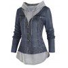 Faux Twinset Hooded T Shirt Denim Jacket 3D Print Twofer T-shirt O Ring Zip Long Sleeve 2-in-1 Tee