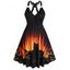 Plus Size Halloween Pumpkin Bat Black Cat Print Mini Dress Surplice Plunge Butterfly Lace O Ring Straps A Line Dress - ORANGE 5X