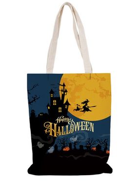 Halloween Canvas Bag Moon Witch Pumpkin Print Shopping Bag