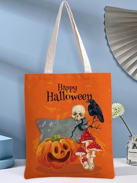 Halloween Canvas Bag Pumpkin Mushroom Skull Letter Print Shopping Bag