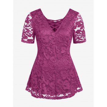 

Plus Size Criss Cross Lace Plunge T Shirt, Plum