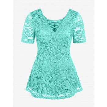 

Plus Size Criss Cross Lace Plunge T Shirt, Light slate