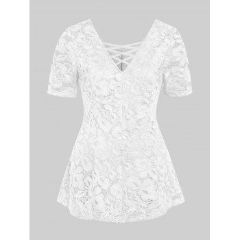

Plus Size Criss Cross Lace Plunge T Shirt, White