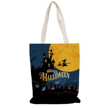 

Halloween Canvas Bag Moon Witch Pumpkin Print Shopping Bag, Multicolor b