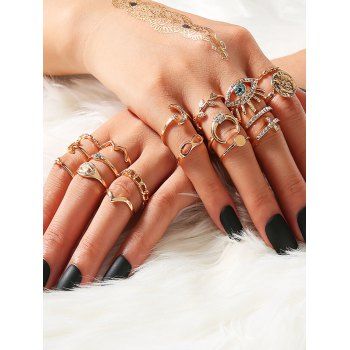 

18 Pcs Bohemian Rings Set Rhinestone Eye Moon Cross Rings, Golden