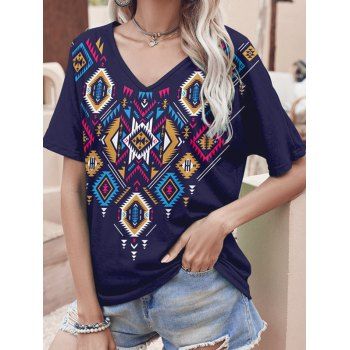 

Tribal Geometric Print Ethnic T-shirt Short Sleeve V Neck Tee, Deep blue