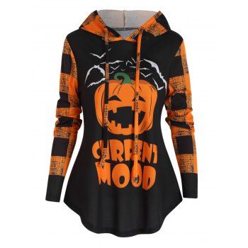 

Current Mood Pumpkin Bat Graphic Halloween Hoodie Drawstring Curved Hem Hoodie, Black