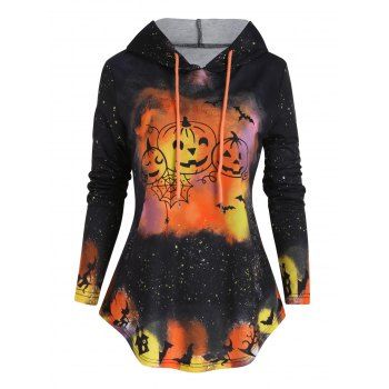 

Halloween Colorful Pumpkin Bat Galaxy Print Hoodie Drawstring Curved Hem Hoodie, Dark orange