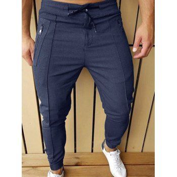 

Solid Color Zipper Pockets Pants Drawstring Waist Zip Fly Beam Feet Barrel Leg Pants, Blue