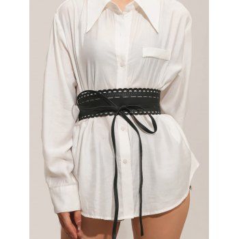 

Decorative Shirt Dress Hollow Out Floral Faux Leather Tied Wide Waist Belt, Black