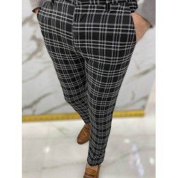 

Plaid Print Pants Zipper Fly Pockets Straight Leg Casual Long Pants, Black