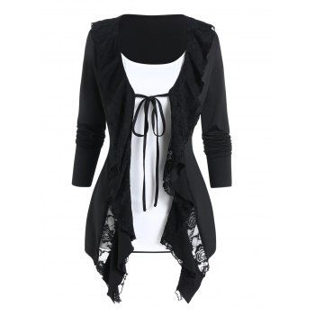 

Contrast Colorblock Tee Frilled Flower Lace Panel Long Sleeve Faux Twinset T Shirt, Black