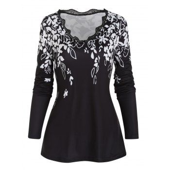 

Contrast Flower Leaf Print T-shirt Lace Trim V Neck Raglan Sleeve Tee, Black