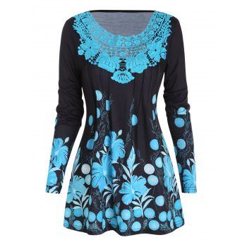 

Flower Print T Shirt Pintuck Hollow Out Lace Long Sleeve Casual Tee, Black