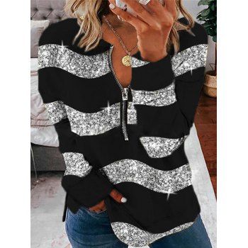 

Wavy Printed Sweatshirt Half Zipper Long Sleeve Colorblock Sweatshirt, Black