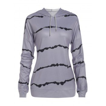 

Contrast Stripe Print Hoodie Drop Shoulder Drawstring Side Slit Pullover Hoodie, Gray