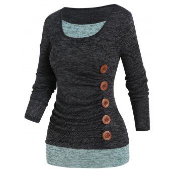 

Space Dye Faux Twinset T Shirt Contrast Colorblock Mock Button Long Sleeve Casual Tee, Dark gray